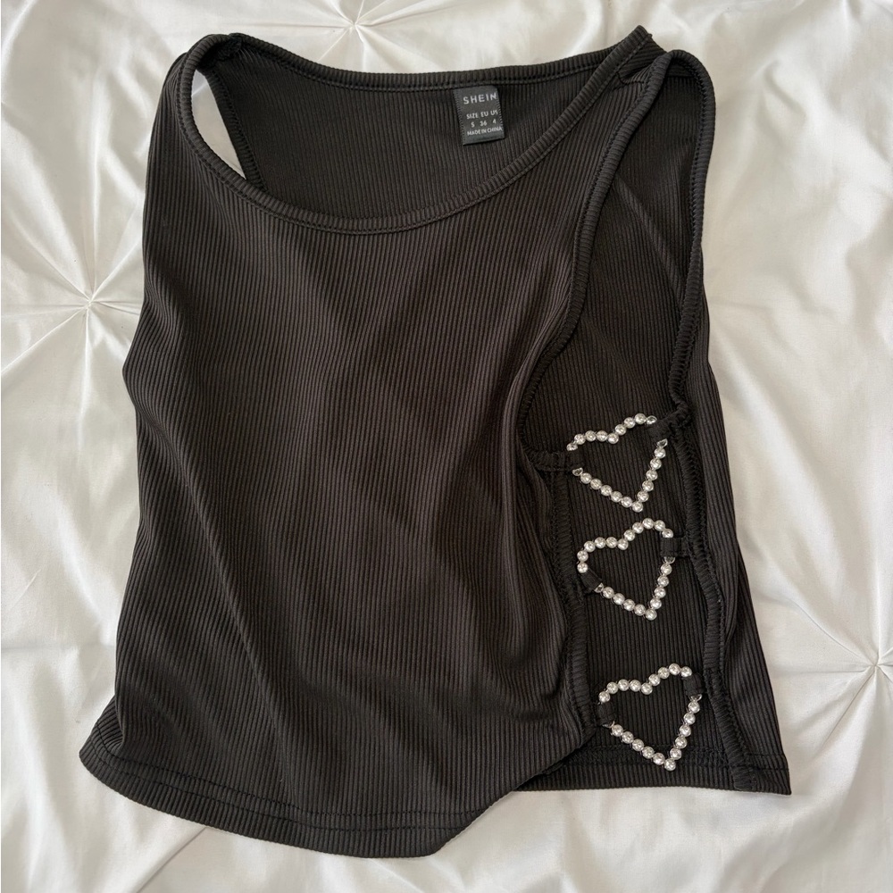 SHEIN Black Ribbed Tank Top with Rhinestone Heart Cutouts